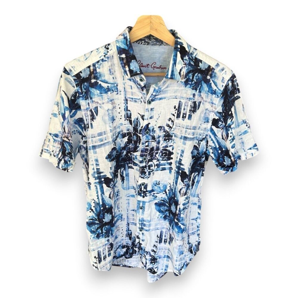 Robert Graham Charach #WearableArt Blue White Floral Cotton Linen Shirt Sz Small